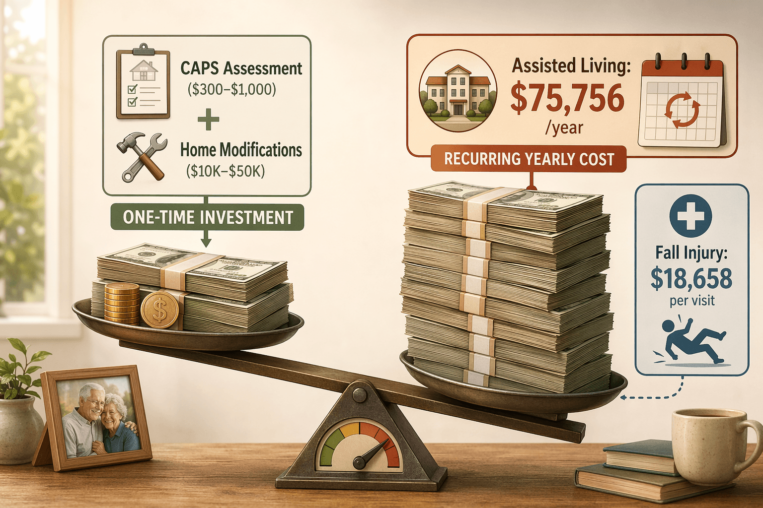 Financial comparison illustration showing two sides: a moderate stack of money with icons for CAPS assessment and home modifications labeled as a one-time investment on the left, versus a much taller stack of money on the right with a calendar icon for recurring assisted living costs and a medical cross icon for fall injury costs, suggesting the right side is far more expensive.