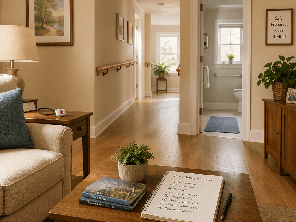 A calm, organized living room with clear walking paths, handrails along a hallway, a non-slip mat near a bathroom doorway, an emergency alert pendant on a side table, and an open checklist notebook on a coffee table.