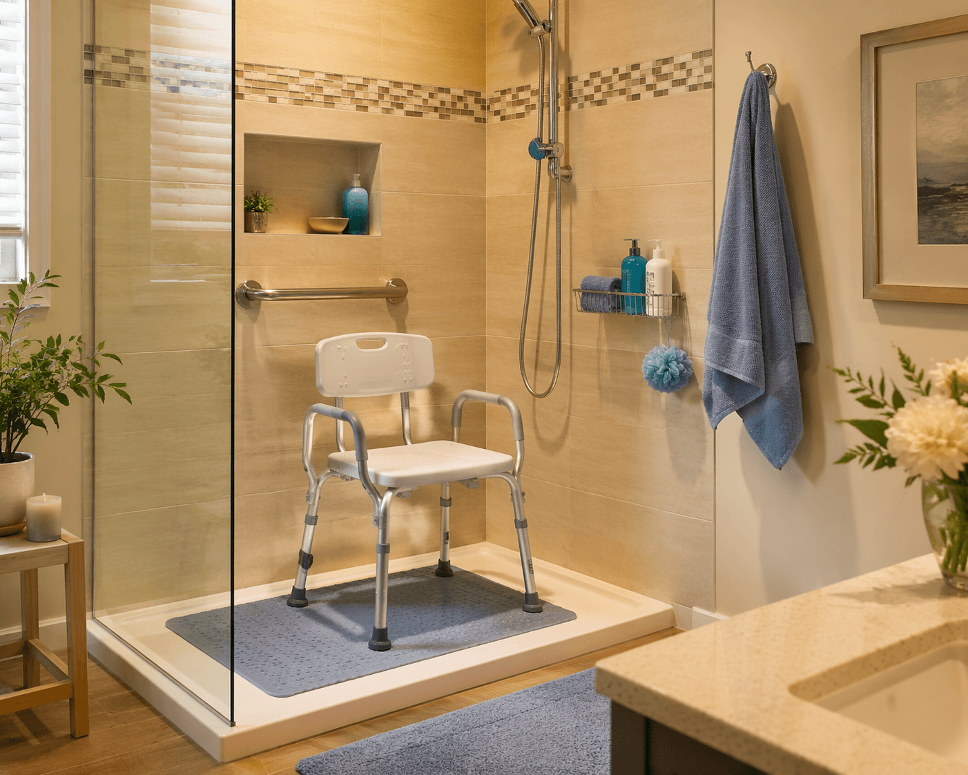A warm, spa-like bathroom with a walk-in shower containing a sturdy shower chair with armrests, a handheld showerhead on a sliding bar, a grab bar on the tile wall, a non-slip mat, and a caddy with folded towel and supplies.