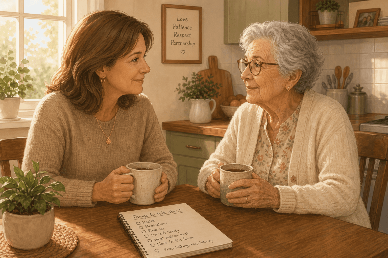 An adult child and an older parent sit at a kitchen table in warm daylight, each holding a coffee mug, engaged in a calm and respectful conversation.