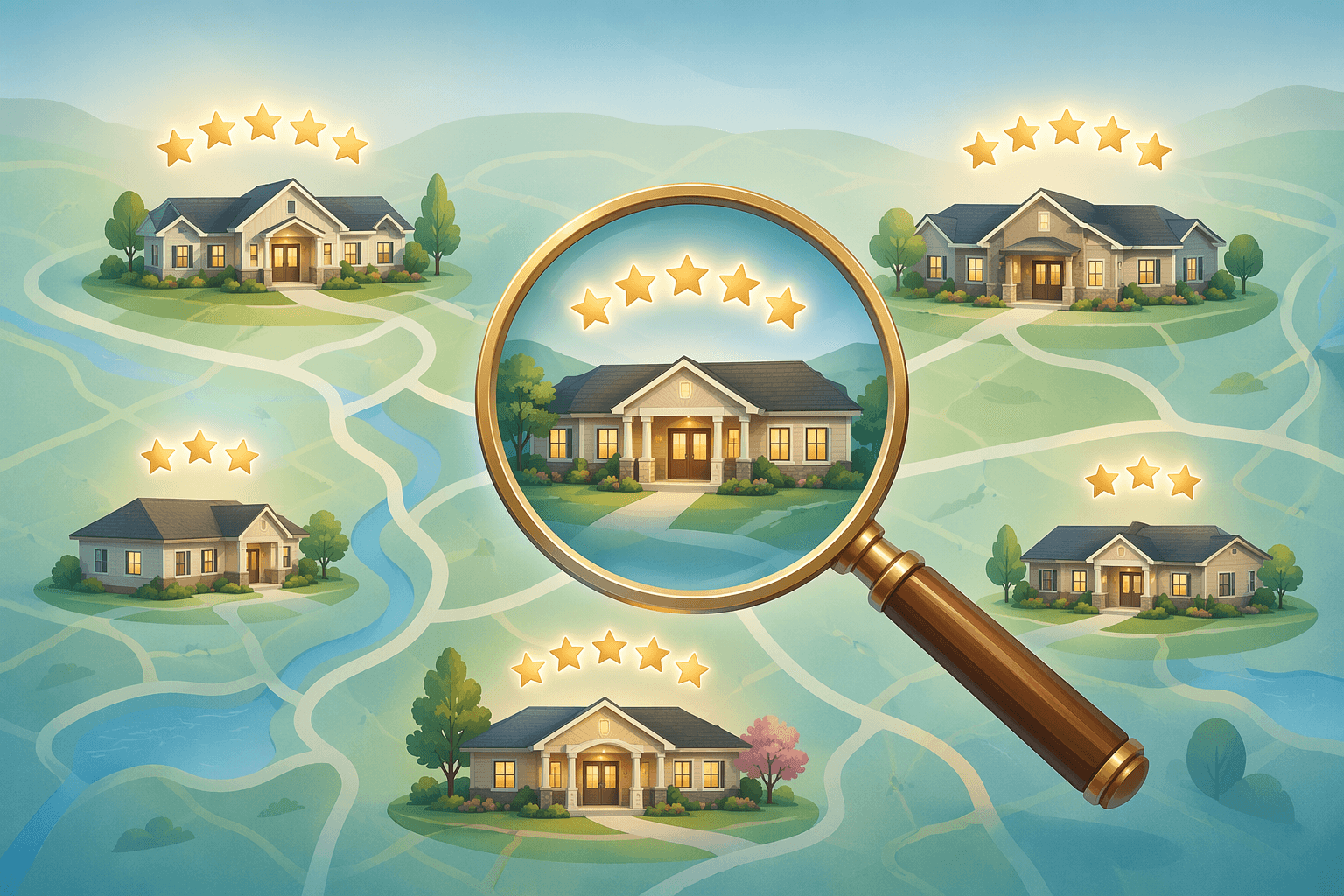 An editorial illustration showing five building icons arranged across a soft gradient map. Three buildings have five glowing gold stars above them and two have three stars. A magnifying glass hovers over one building, representing the need to compare quality ratings across different locations.