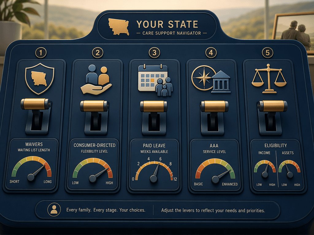 Editorial dashboard illustration showing five navigational levers arranged horizontally: Lever 1 with a shield and state map for Medicaid HCBS Waivers with a waiting-list gauge, Lever 2 with two people and a caring hand for Consumer-Directed Care with a flexibility dial, Lever 3 with a calendar and family icon for Paid Family Leave with week markers, Lever 4 with a compass and building for AAA/ADRC Services with a service-level indicator, and Lever 5 with a scale icon for Eligibility Thresholds with income and asset dials.