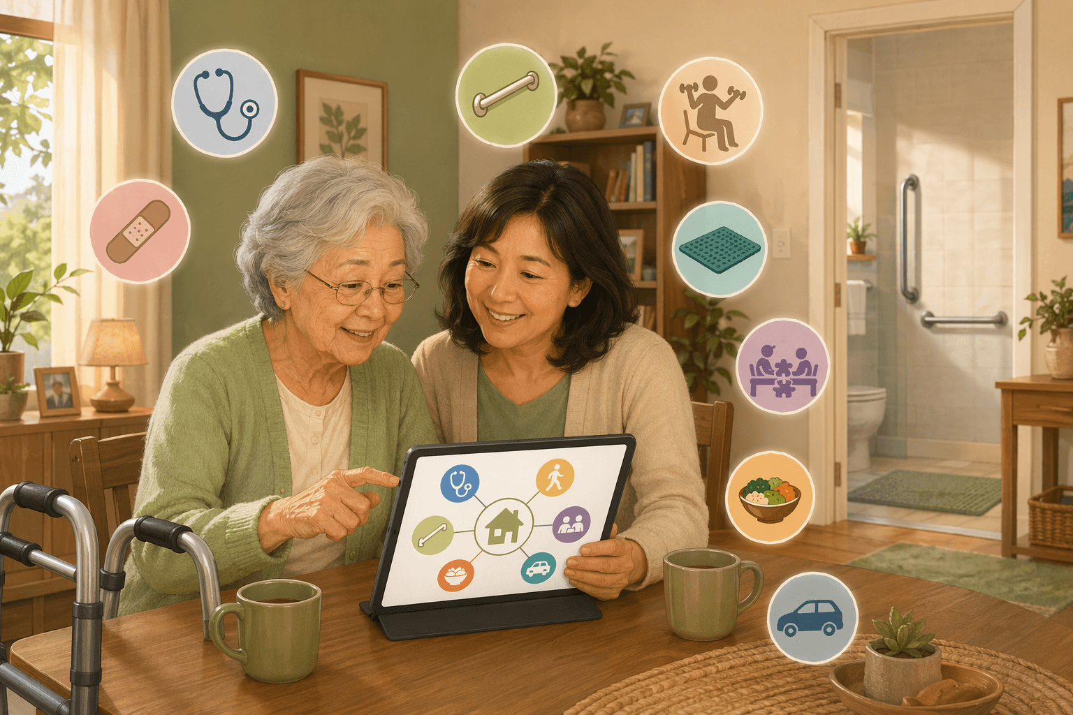 A warm digital illustration of a bright, safe home interior: an older adult using a walker and a middle-aged adult child sit at a table reviewing a service-options diagram on a tablet. A bathroom doorway in the background shows a grab bar. Soft sage green and warm beige tones. Small floating icons for home health care, fall prevention, PACE/adult day health, and transportation hover nearby.
