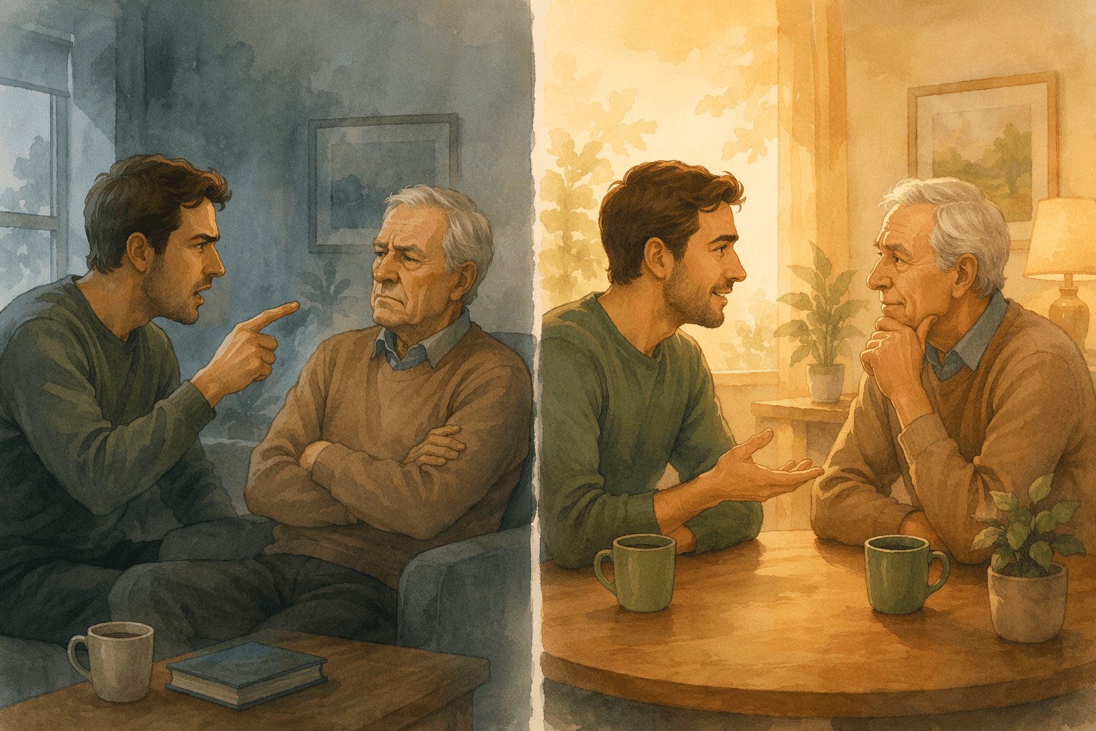 A split-scene editorial illustration contrasting two communication styles: on the left, an adult child points at a resistant parent with crossed arms and a defensive posture in cool tones; on the right, the same pair sit at a table with open body language and engaged expressions in warm tones — visually comparing a confrontational approach with a collaborative one.