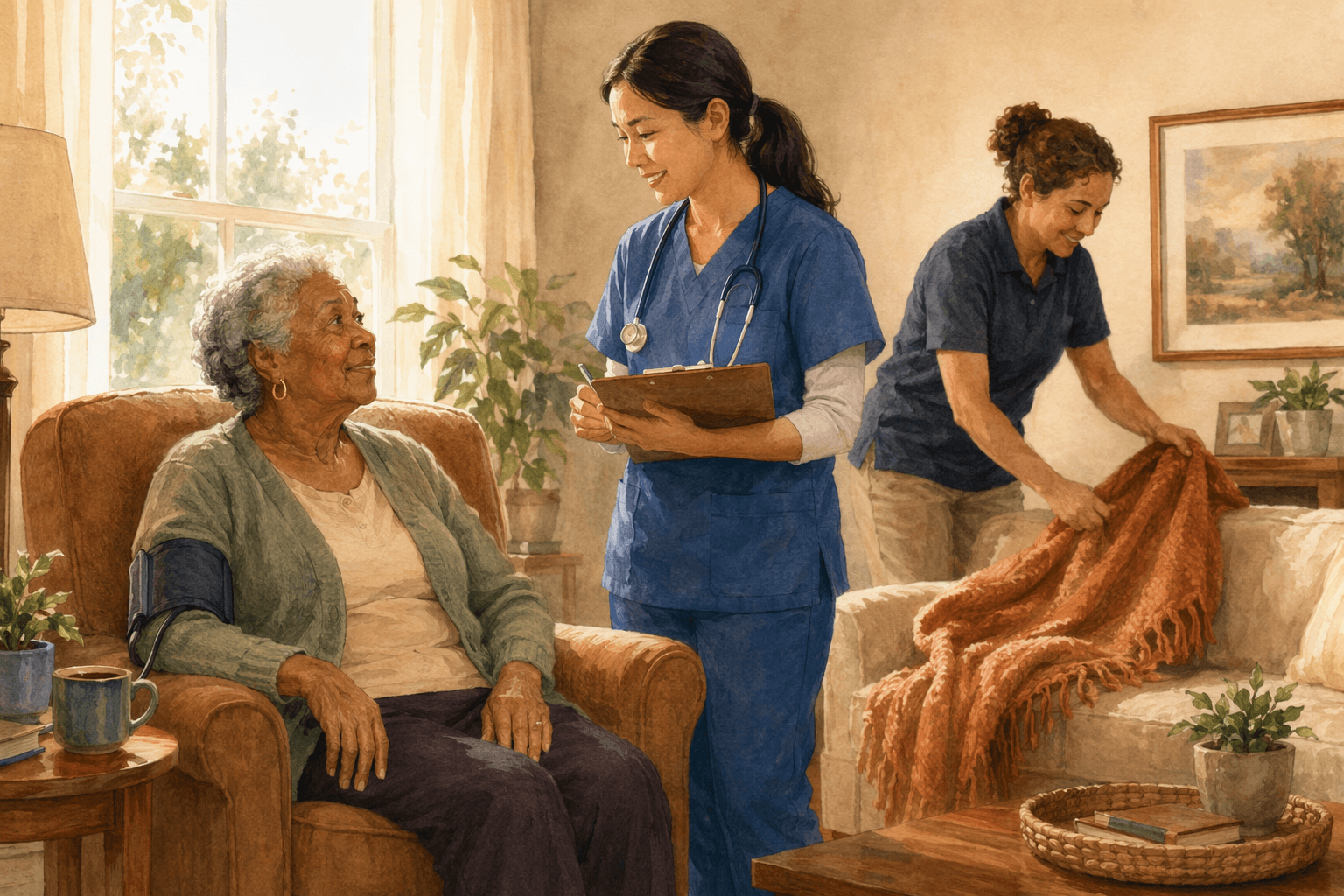 An elderly woman sits comfortably in a living room armchair. A home health nurse in blue scrubs stands beside her holding a clipboard. In the background, a home care aide places a blanket nearby.