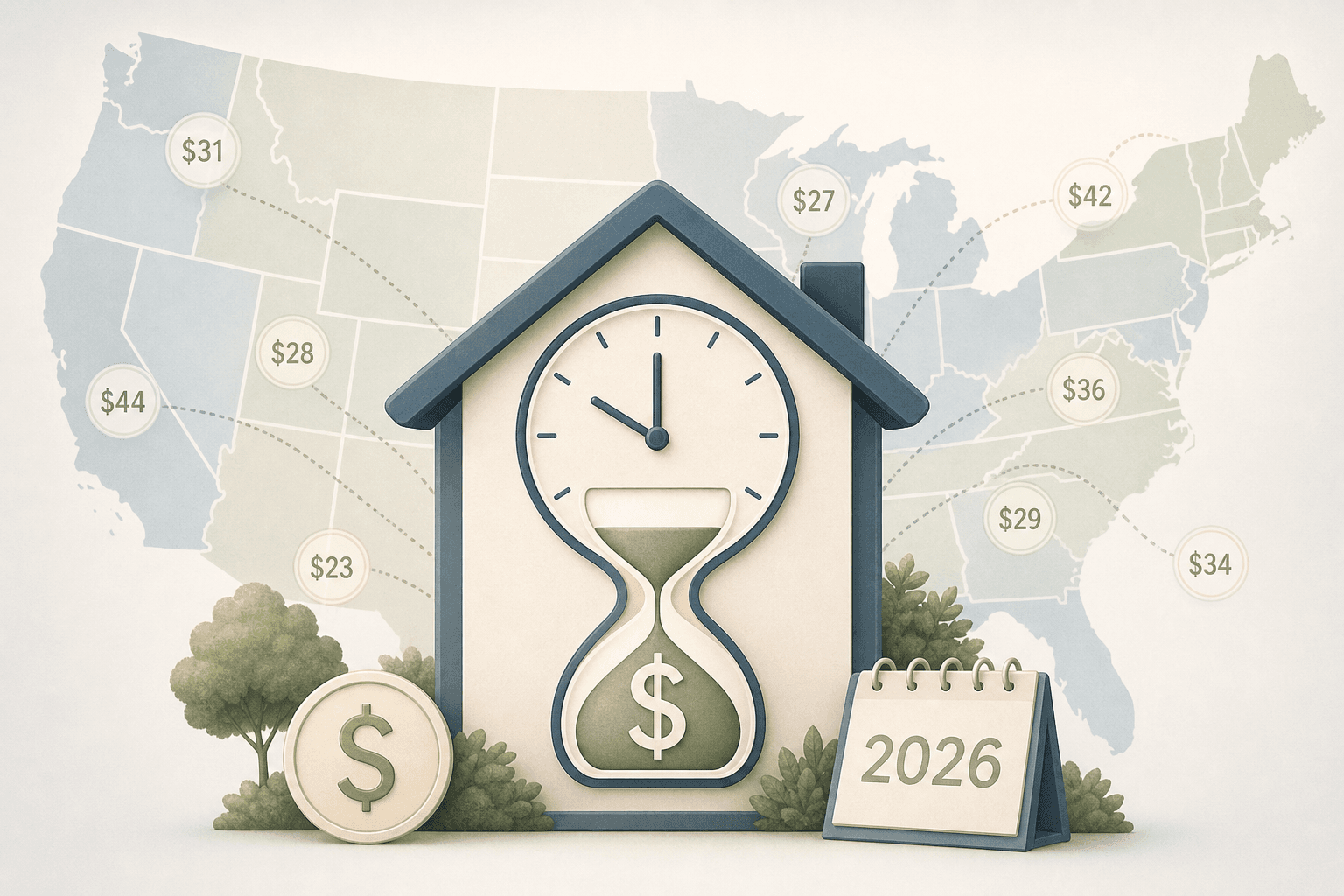 A home icon integrated with clock and dollar-sign elements against a faint silhouette map of the United States, with small rate figures radiating across state regions.