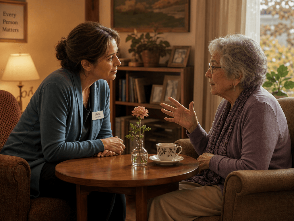 A caregiver leaning forward with a calm, attentive expression while sitting face-to-face with an older adult at a small table in a softly lit room with warm earth tones, a cup of tea and a single flower between them, conveying empathetic listening and emotional connection.