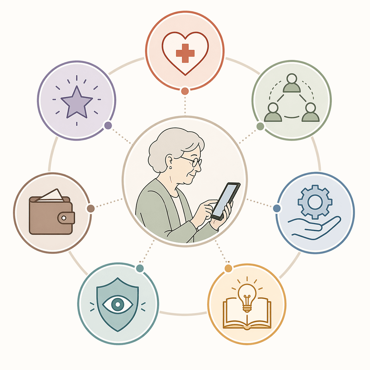 Seven connected modules around an older adult using a tablet, representing health, support, usability, knowledge, perception, resources, and special needs