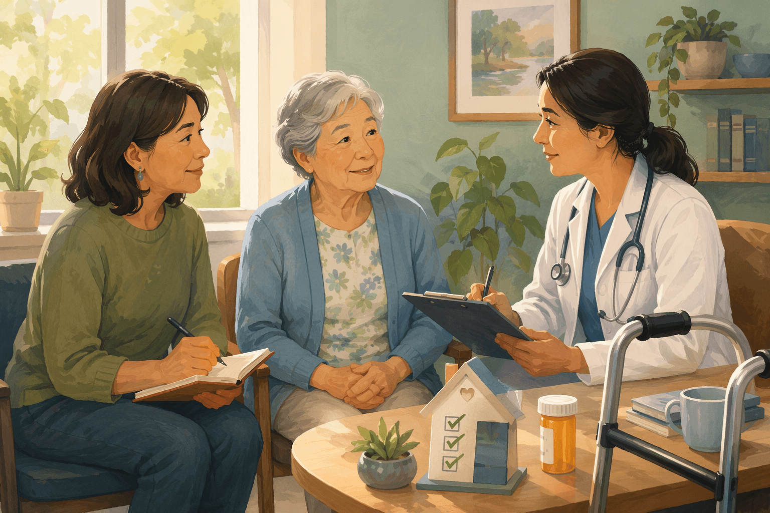 An older adult seated in a primary care exam room with a doctor holding a clipboard and an adult daughter caregiver holding a notebook beside them.