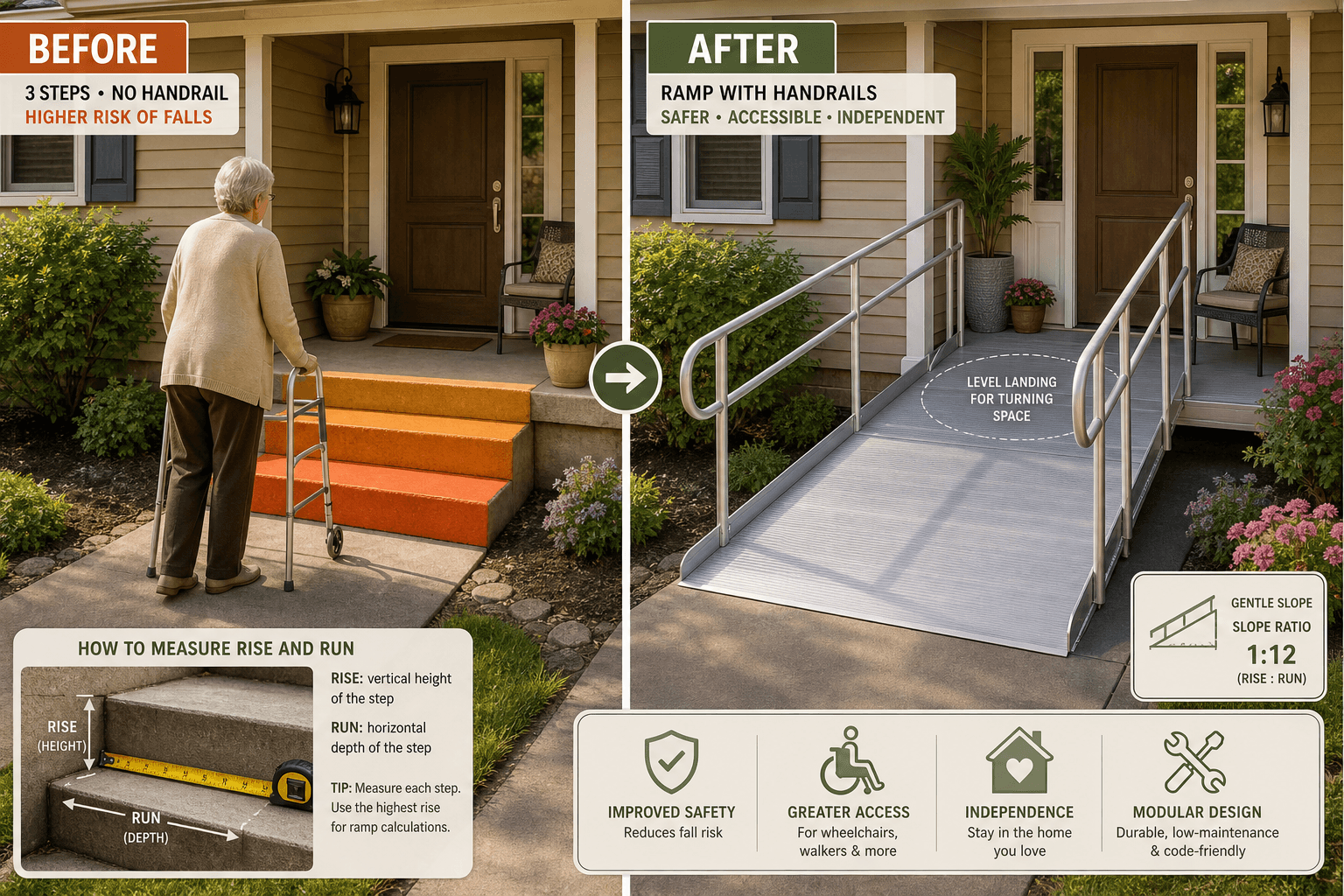Split-diagram illustration of a home entryway: left side shows an older adult with a walker facing a 3-step concrete stoop shaded in warning orange with no handrail; right side shows the same entryway with a modular aluminum ramp, dual handrails, level platform landing, and a 1:12 slope callout annotation, with a small inset diagram showing rise/run measurement technique on a step.