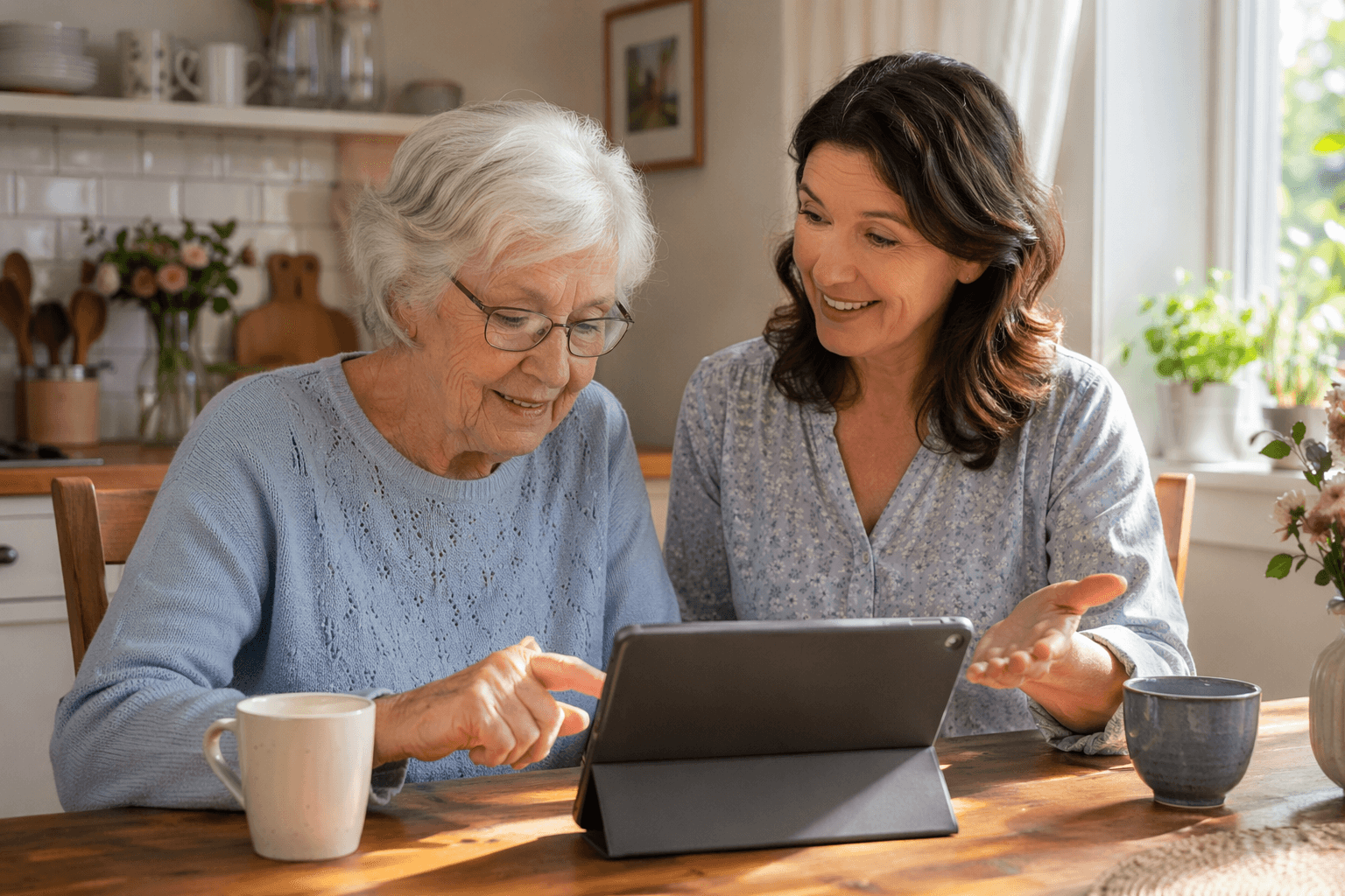 An older woman in her 70s touches a tablet screen while her adult daughter sits beside her, gesturing supportively without grabbing the device.