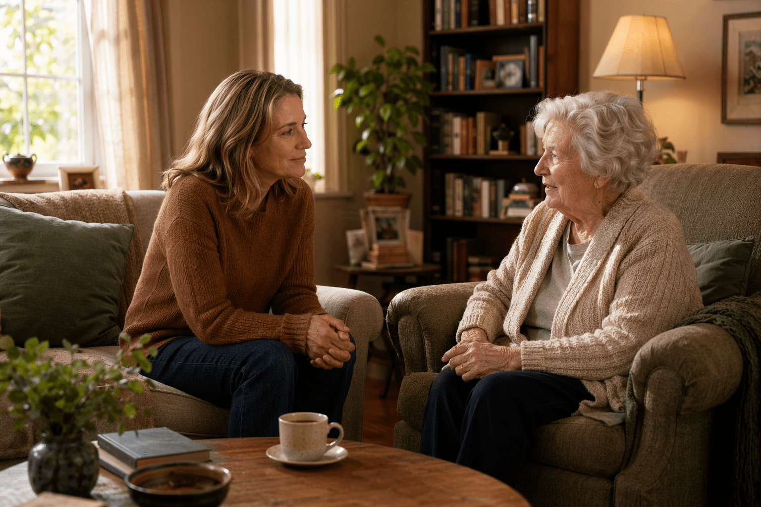 A warm living room with a woman in her late 40s seated on a sofa, leaning forward attentively while an older woman in a cardigan sits in an armchair across from her.