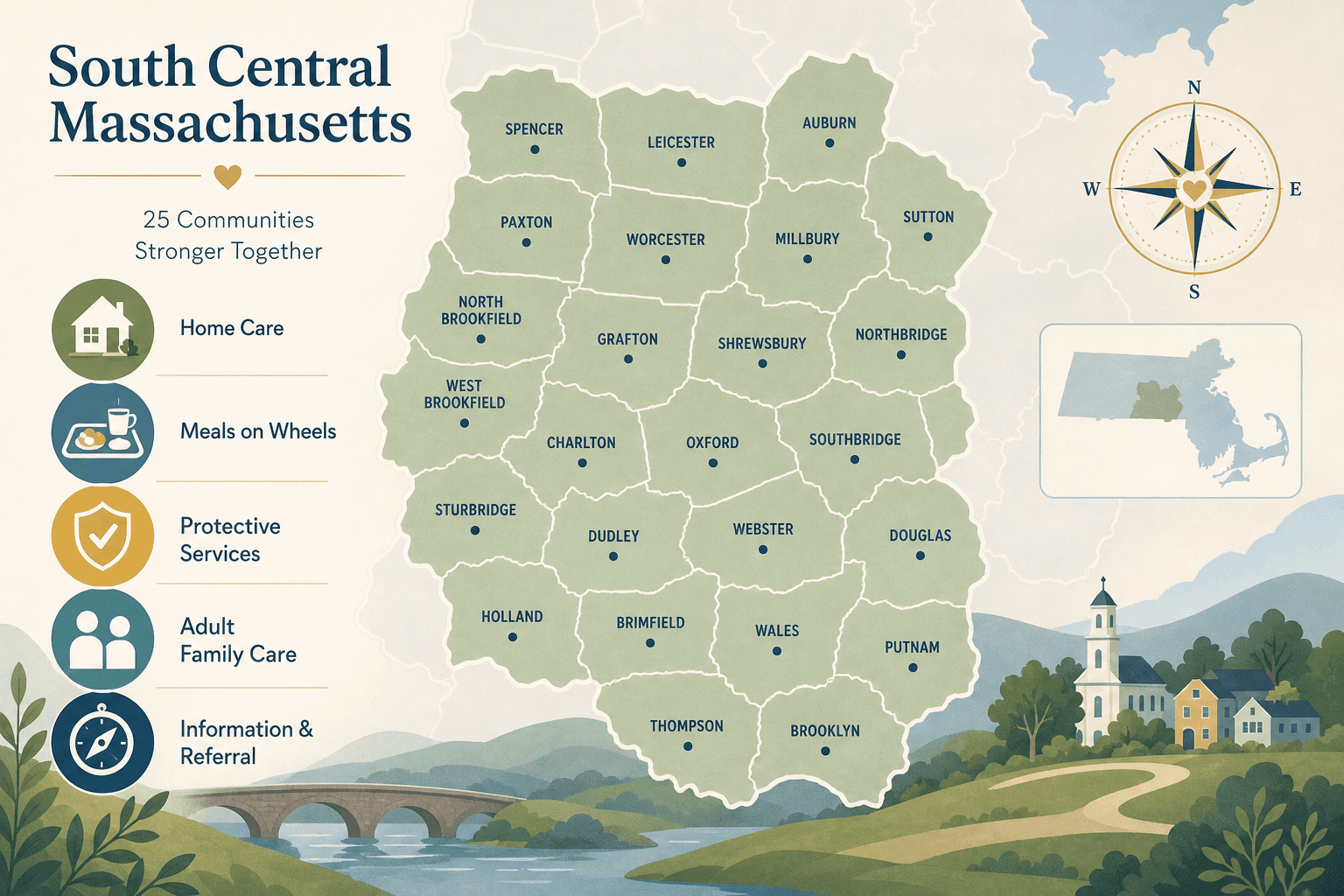 A stylized flat-illustration map of South Central Massachusetts with 25 highlighted towns, surrounded by small service icons representing Home Care, Meals on Wheels, Protective Services, Adult Family Care, and Information & Referral, in muted blue, green, and golden tones.
