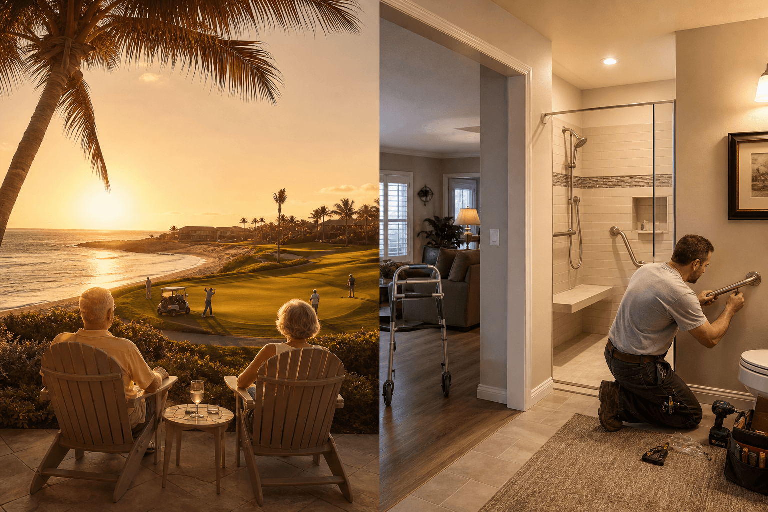 Split-scene editorial photo: left side shows a clichéd Florida beach retirement postcard with palm trees and a golf course, right side shows a realistic home interior with a professional installing a grab bar, a walk-in shower with bench, and a wide doorway accommodating a walker.
