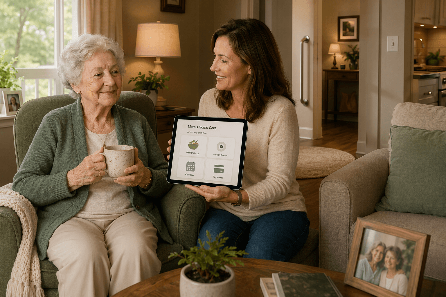 A well-lit modern living room with an older woman in an armchair by a window, holding a ceramic mug, while an adult daughter on a sofa uses a tablet displaying a home care dashboard with meal, sensor, calendar, and payment icons. A grab bar and non-slip rug are visible in the background. Warm amber and sage green tones.