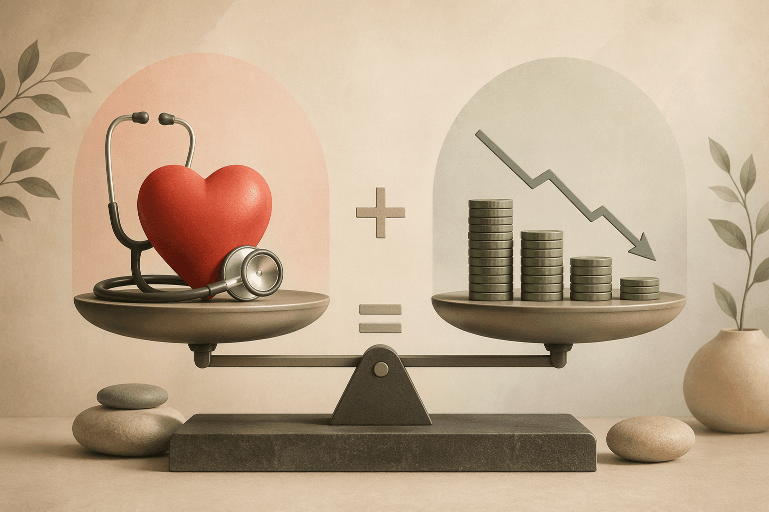 A modern editorial illustration with a balanced scale-like composition. Left side shows a heart and stethoscope in muted red tones representing health costs. Right side shows a coin stack and downward arrow in green-gray tones representing financial costs.