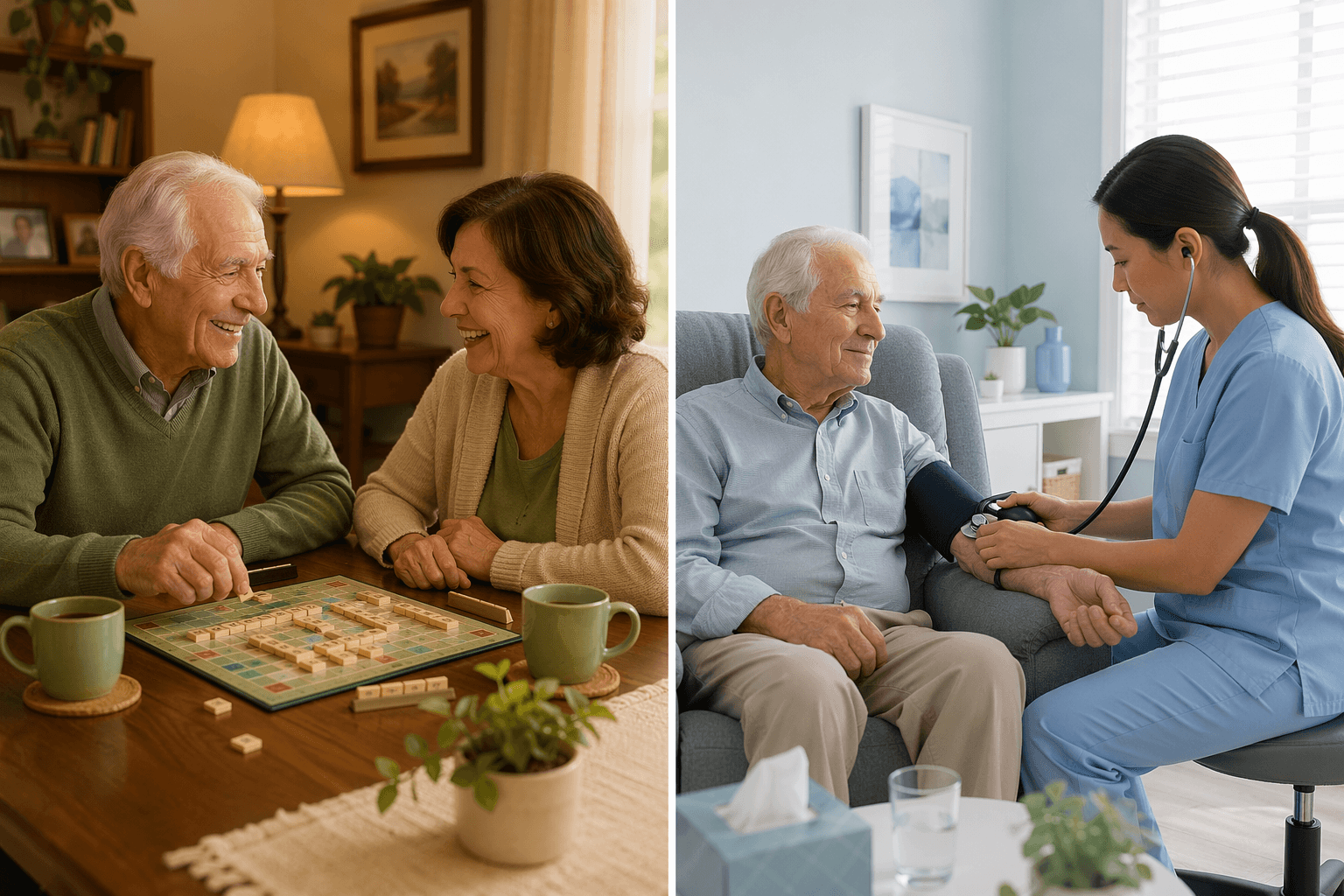 A side-by-side illustration: on the left, a senior and a companion play a board game; on the right, a home health aide checks a senior's blood pressure.
