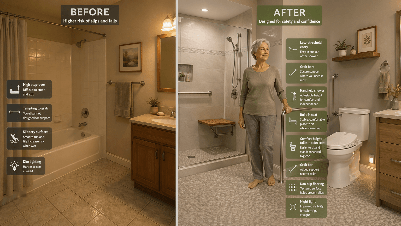 Split-comparison illustration: left side shows a standard bathtub with high step-over edge and dim lighting; right side shows a walk-in shower with grab bars, built-in seat, handheld showerhead, comfort-height toilet, night-light, and nonslip flooring, with an older adult standing steadily.