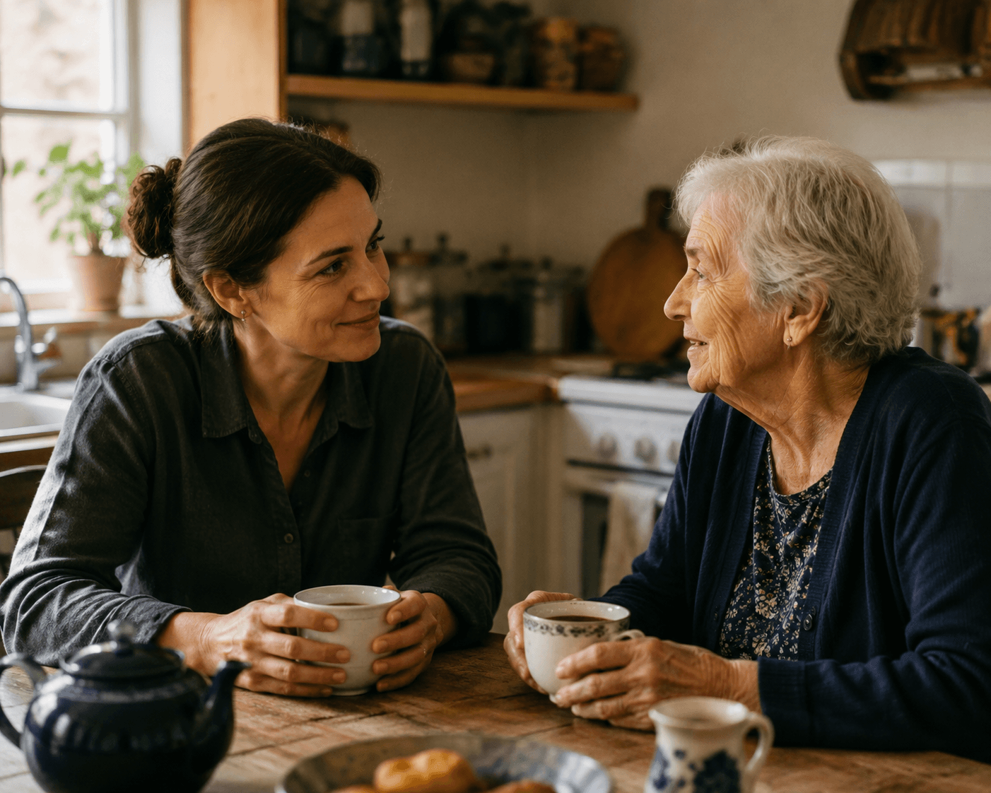 Companion caregiver and older adult talking over tea at a home kitchen table