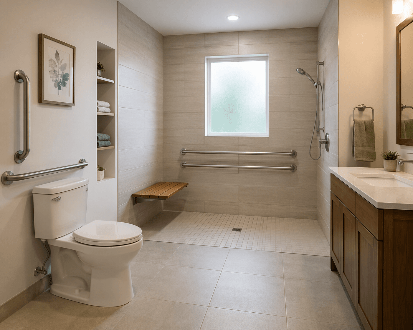 Senior-safe bathroom with curbless shower, grab bars, comfort-height toilet, non-slip tile, and bright lighting