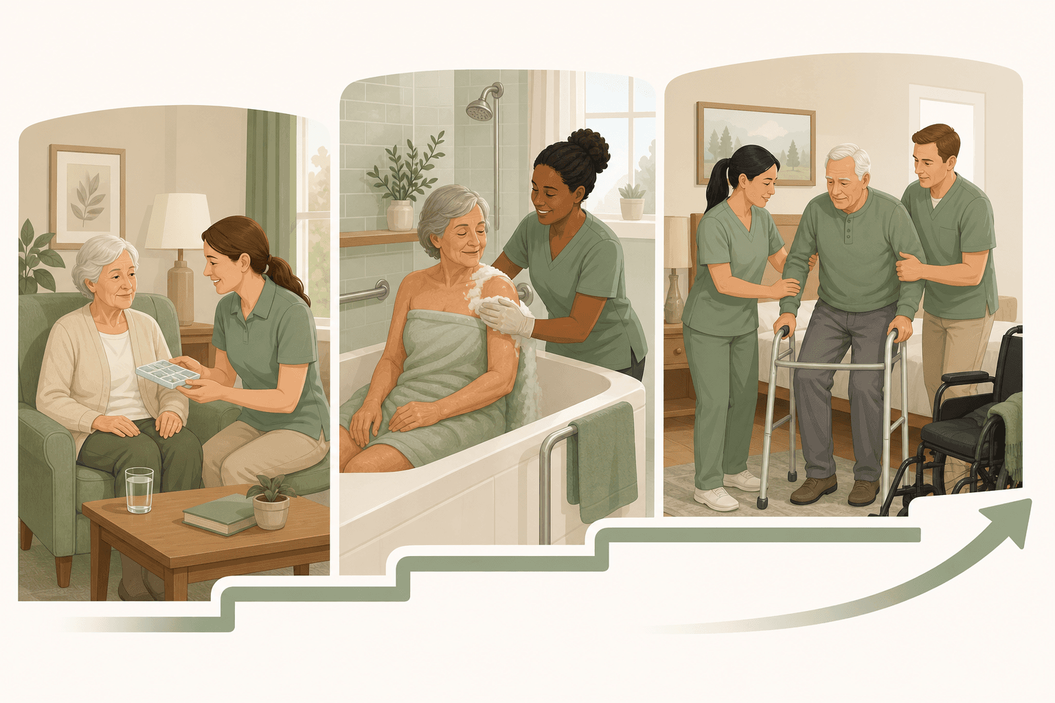 A warm vector illustration showing three side-by-side scenes of assisted living care levels: Level 1 with minimal medication assistance, Level 2 with caregiver helping a resident with bathing, and Level 3 with two caregivers assisting with transfer and mobility, all in a residential setting with sage green and beige tones connected by a subtle upward step graphic.