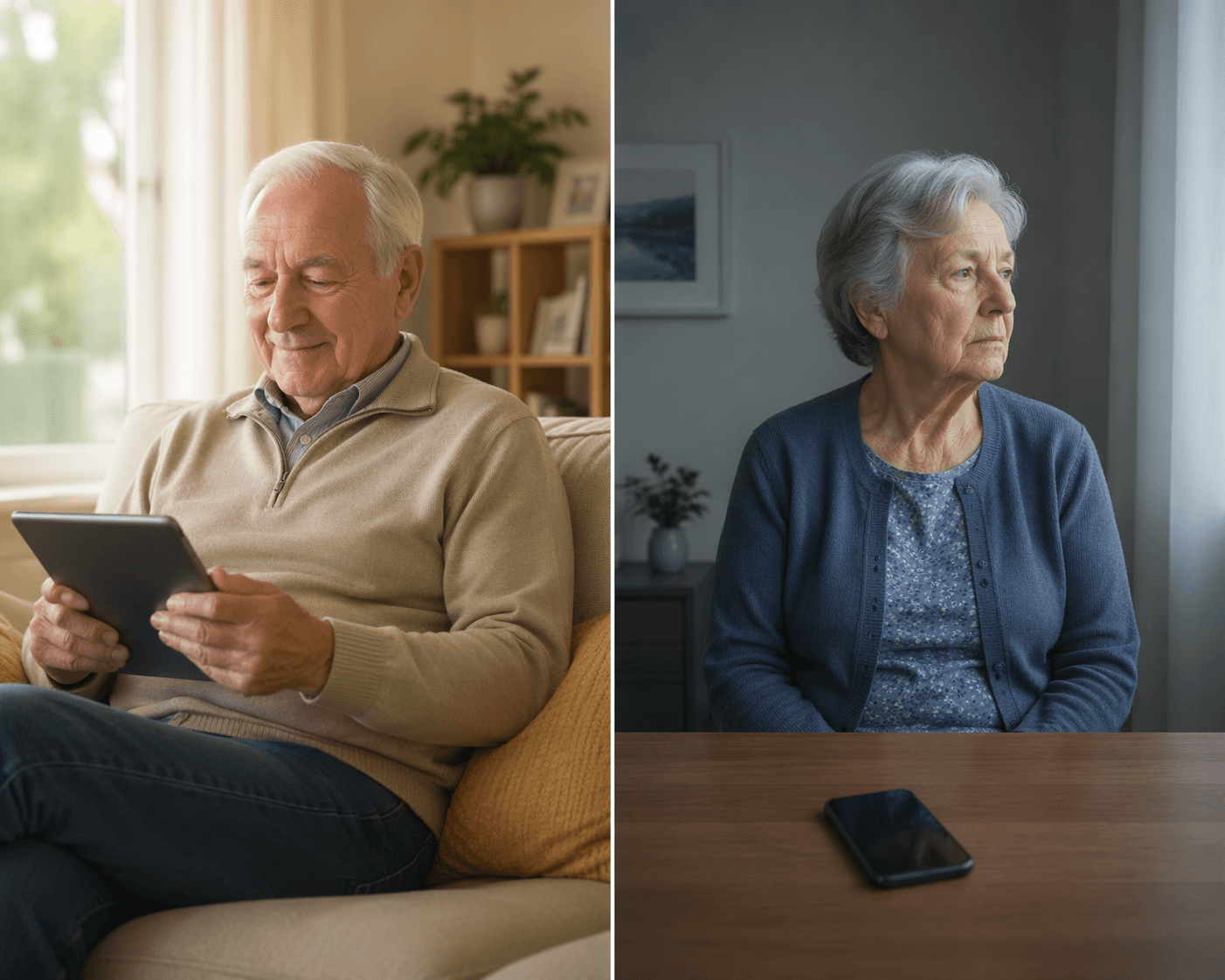 Split image showing one older adult comfortably using a tablet and another older adult sitting guardedly near a smartphone