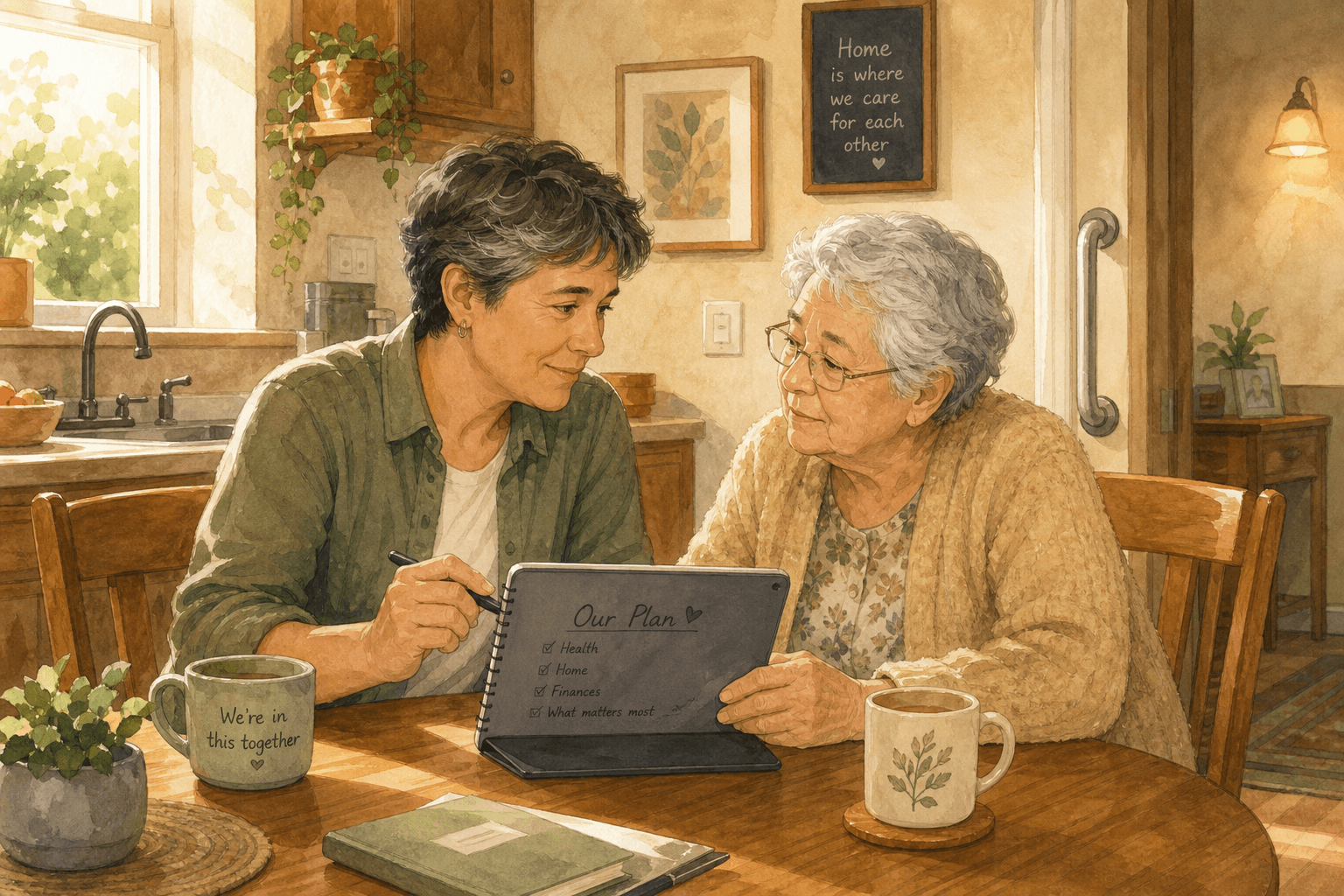 An adult child and elderly parent sitting at a kitchen table reviewing a notebook together, with soft natural light and a calm atmosphere.