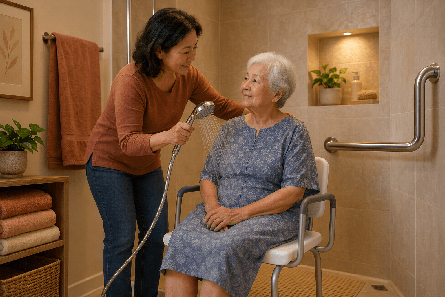 A warm illustration of a caregiver gently assisting an elderly parent seated on a shower chair with a handheld showerhead. The bathroom includes a chrome grab bar, non-slip mat, warm lighting, and folded towels.