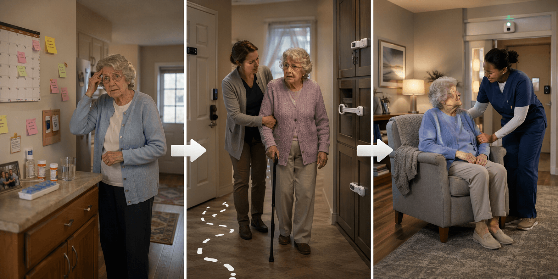 Three-panel illustration of early, middle, and later dementia care needs