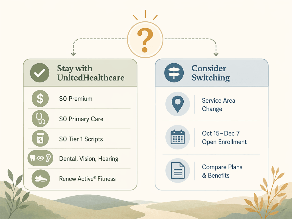A decision-flow illustration with two paths: Stay with UnitedHealthcare showing icons for $0 premium, $0 primary care, $0 Tier 1 scripts, dental/vision/hearing, and fitness; and Consider Switching showing icons for a map pin, a calendar, and a document.