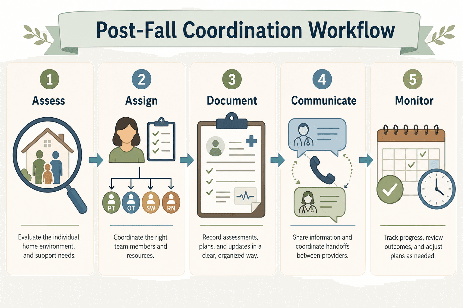 A five-step horizontal workflow illustration showing Assess, Assign, Document, Communicate, and Monitor as connected steps with icons.