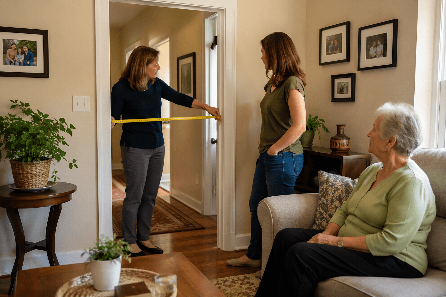 A CAPS professional measures a home doorway width with a tape measure while an adult daughter watches. An older adult sits on a couch in the warmly lit living room.
