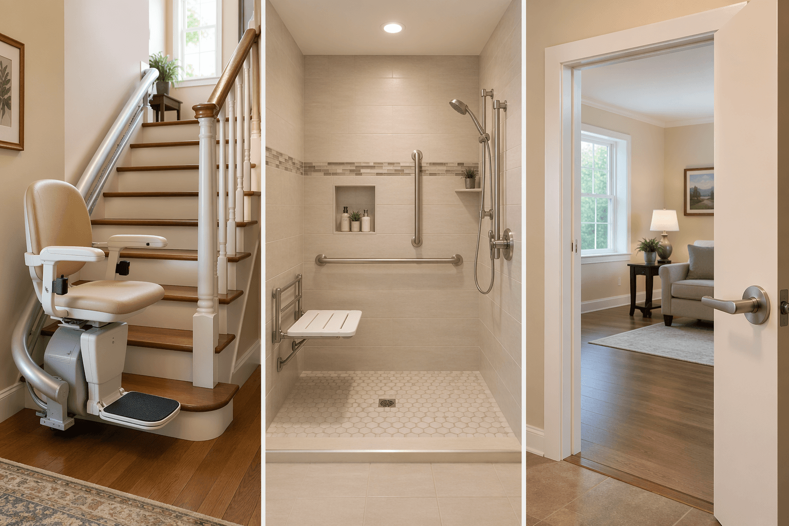 A three-panel editorial composition showing common aging-in-place home modifications: a curved stairlift installed on a wooden staircase on the left, a modern accessible walk-in shower with grab bars and a fold-down seat in the center, and a wide doorway with a lever-style door handle on the right. Warm residential lighting throughout.