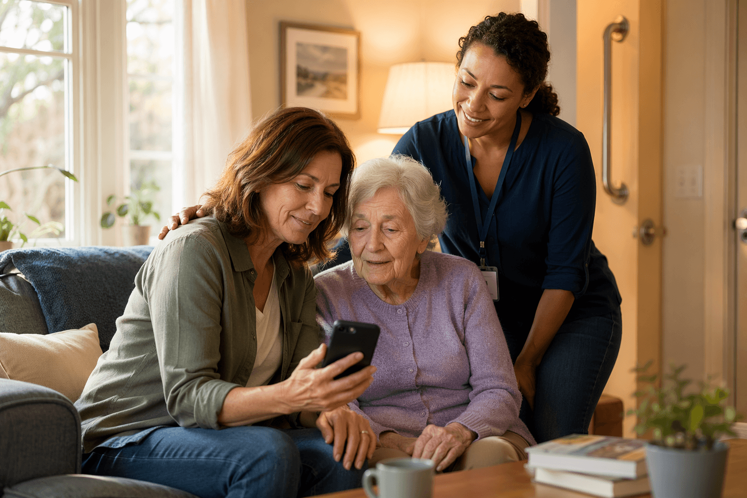An adult daughter in her 40s sitting beside her elderly mother with mild confusion in a warm, sunlit living room, gently holding her hand while looking at a smartphone together. A care professional stands nearby with a reassuring hand on the daughter's shoulder.