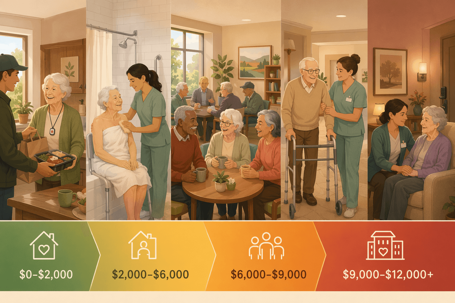 A horizontal infographic-style illustration showing a spectrum of senior living assistance options from left (least intensive) to right (most intensive), including in-home meal delivery and a medical alert pendant, home health aide assisting with bathing, a senior center social gathering, an assisted living community with caregiver helping a resident with a walker, and a memory care wing with a caregiver sitting with a resident. A bottom gradient bar shifts from green through yellow and orange to red, indicating relative monthly cost ranges.