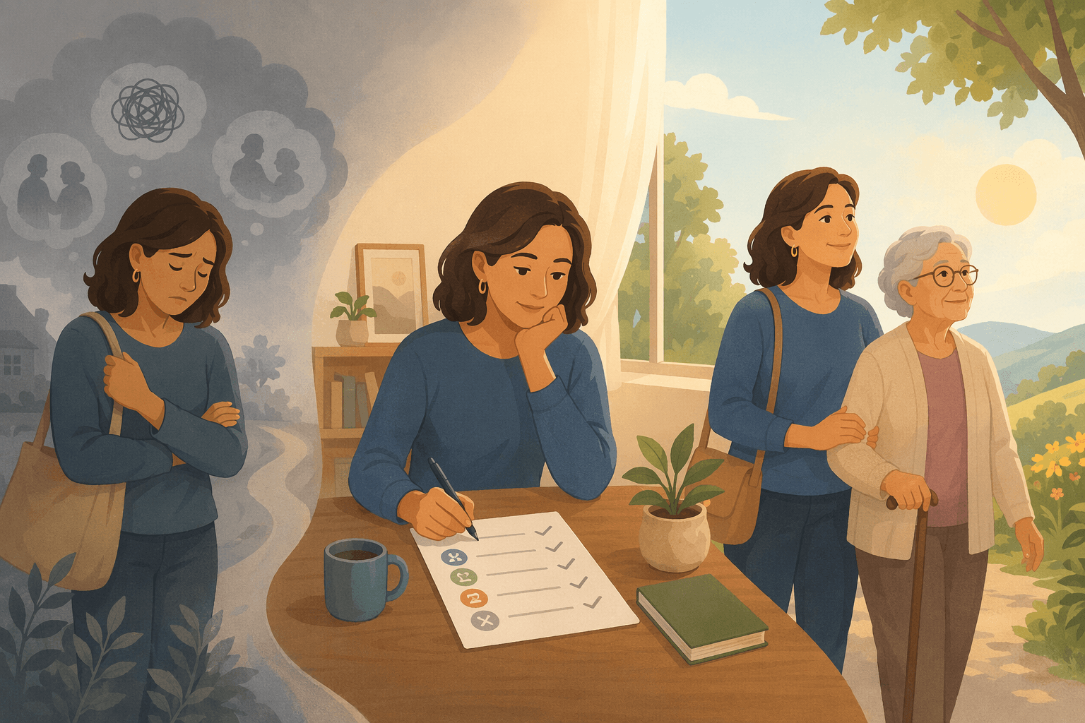 A three-panel narrative illustration showing an adult caregiver's emotional journey: a figure with subtle grey tones suggesting guilt on the left, the same figure reviewing a checklist at a table in the center, and the figure standing calmly beside an elderly parent on the right.