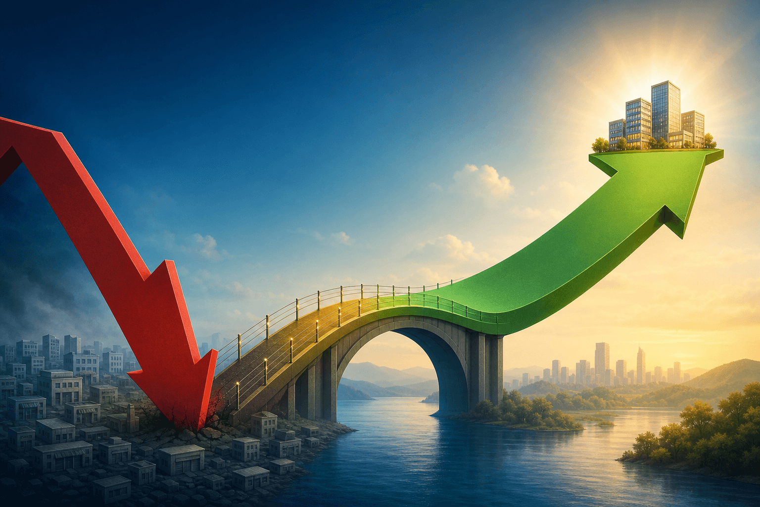 An editorial illustration showing financial turnaround with a large red downward arrow on the left transitioning through a bridge-like structure into a steady green upward arrow on the right. Small faded building icons sit at the base of the left arrow, while a smaller cluster of glowing building icons rests at the peak of the right arrow.