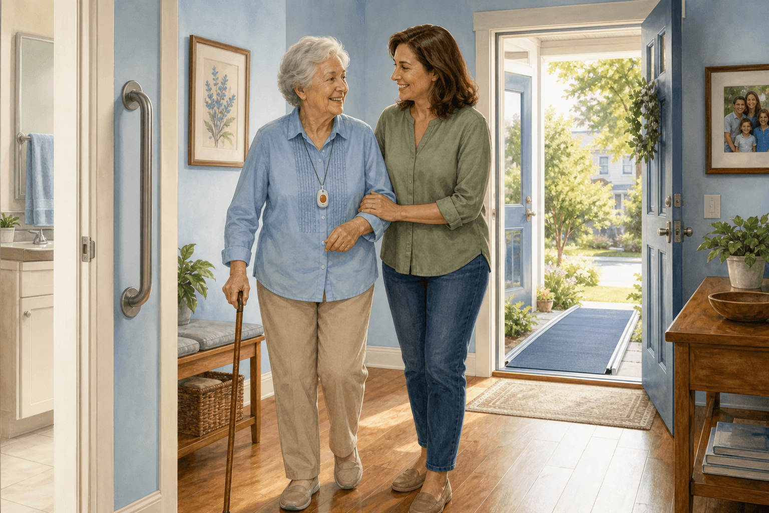 An adult daughter gently supporting her elderly mother in a sunlit accessible home, with a visible grab bar by the bathroom doorway, a zero-step entry ramp at the front entrance, and a medical alert pendant worn by the senior.