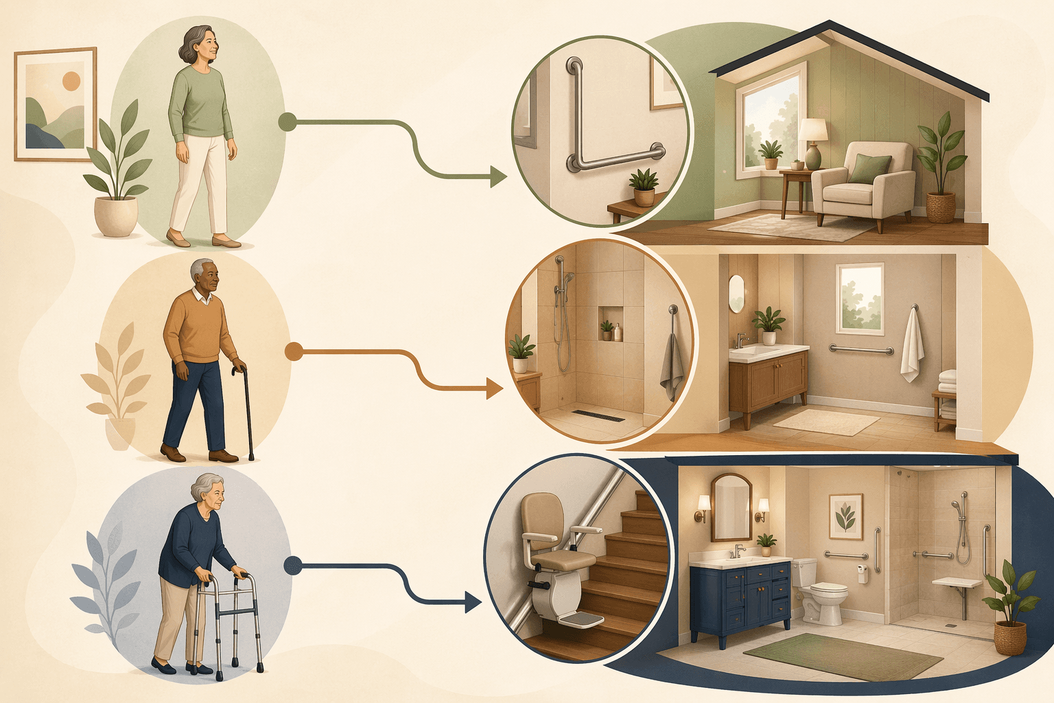 Editorial illustration showing three human silhouette figures at different functional ability levels (independent standing, using a cane, using a walker) visually matched via connecting lines to corresponding home modification icons of increasing complexity, from simple grab bars to full accessible bathroom and stair lift.