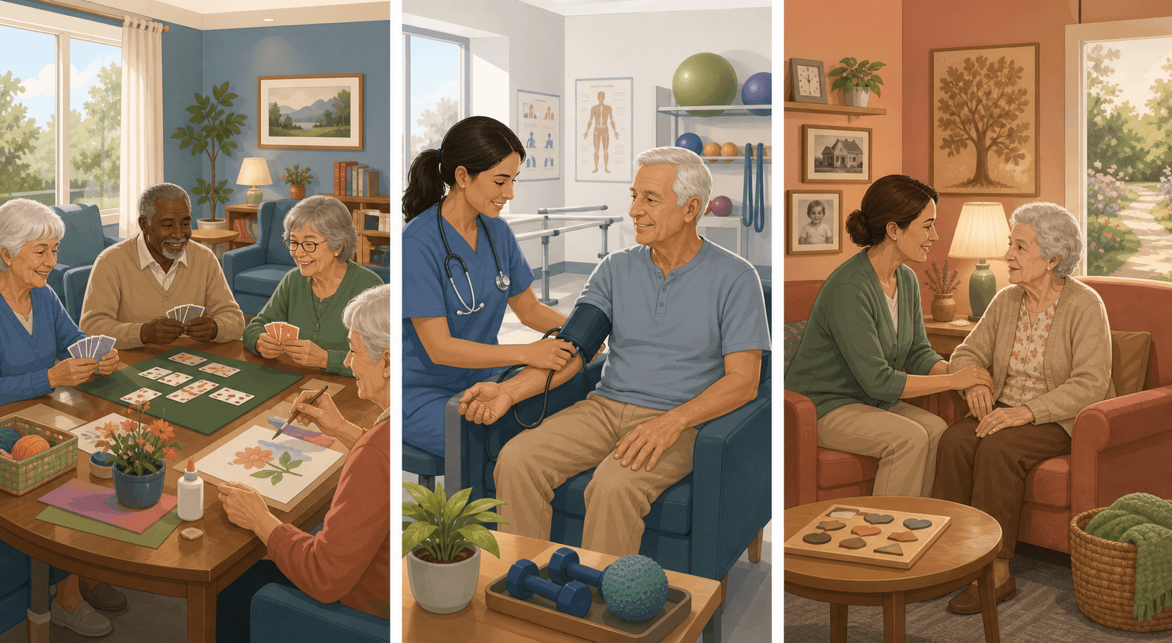 Three-panel editorial illustration comparing adult day care models: social activities, medical monitoring, and specialized dementia care.