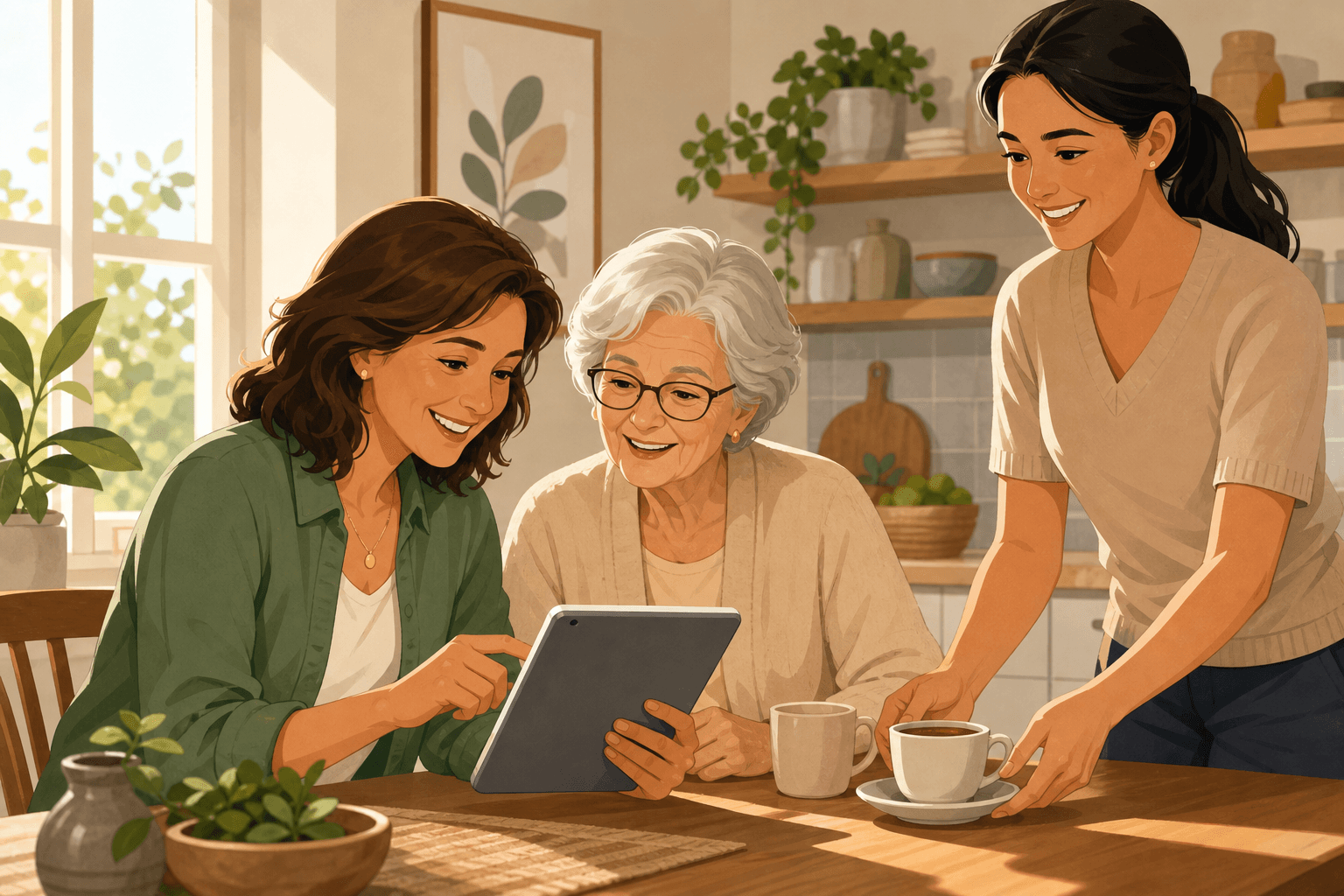 A middle-aged daughter and her elderly mother sitting at a sunlit kitchen table reviewing a tablet together, with a caregiver in the background.