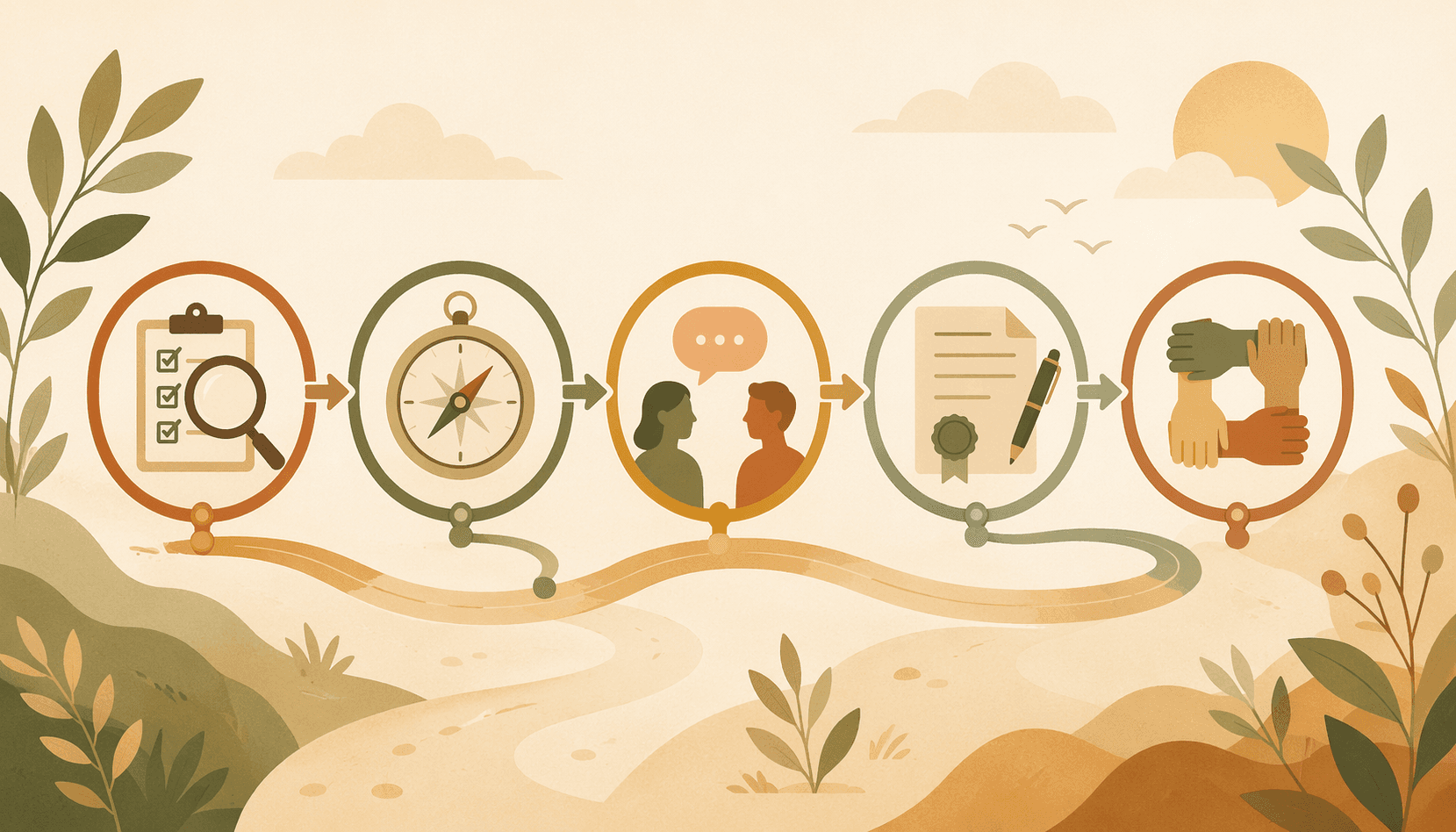 Five step icons connected by a pathway: magnifying glass, compass, speech bubble, document with pen, intertwined hands.
