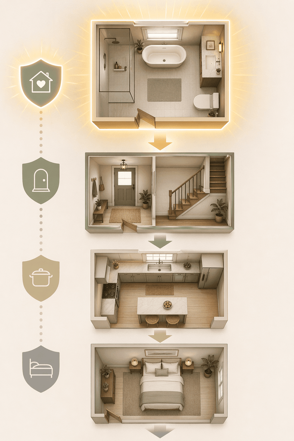 A home room priority hierarchy showing the bathroom at the top as the highest priority, followed by entryway and stairs, then kitchen, then bedroom.