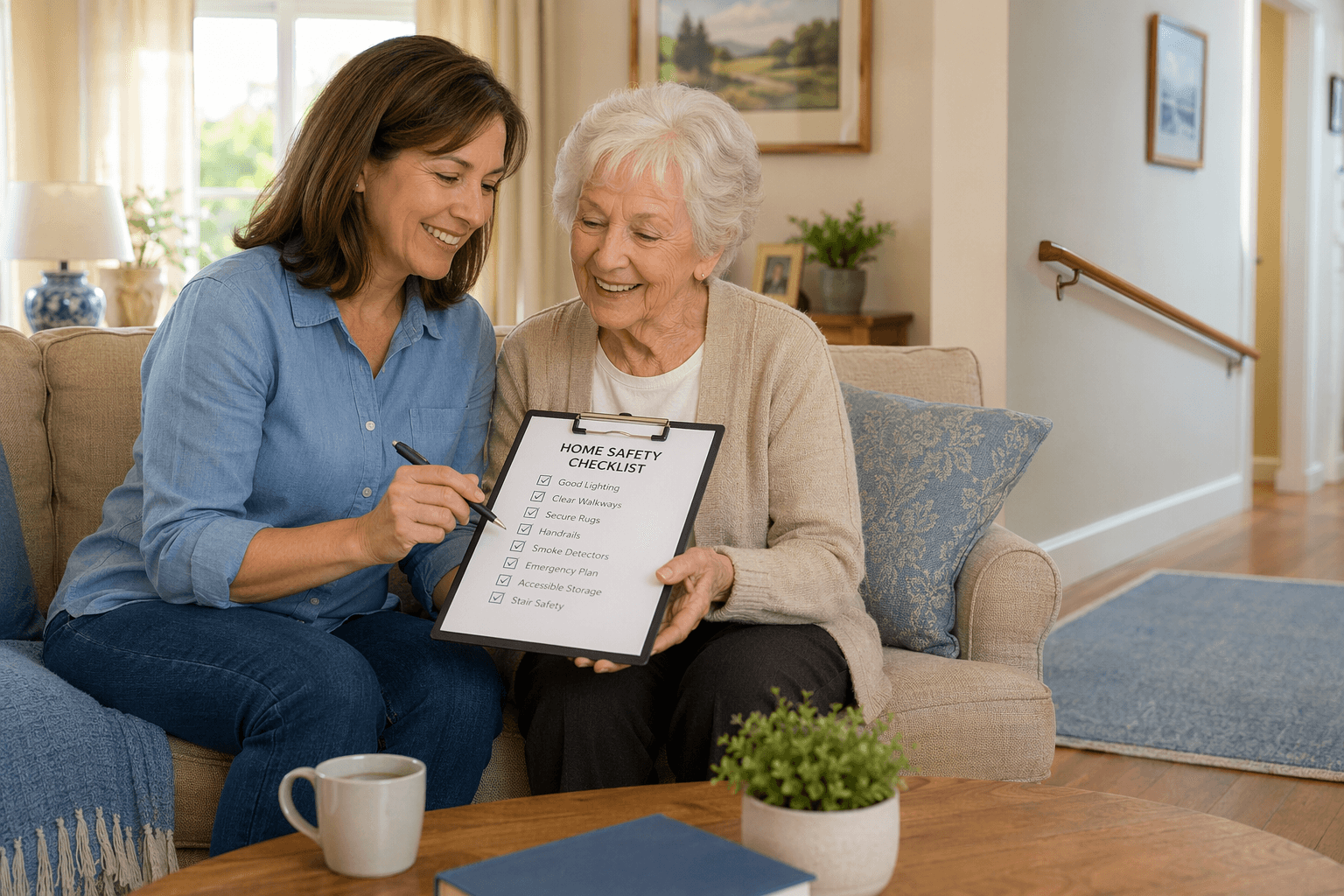 A middle-aged adult daughter and her elderly mother sit together on a sofa in a sunlit living room, smiling as they review a home safety checklist on a clipboard.