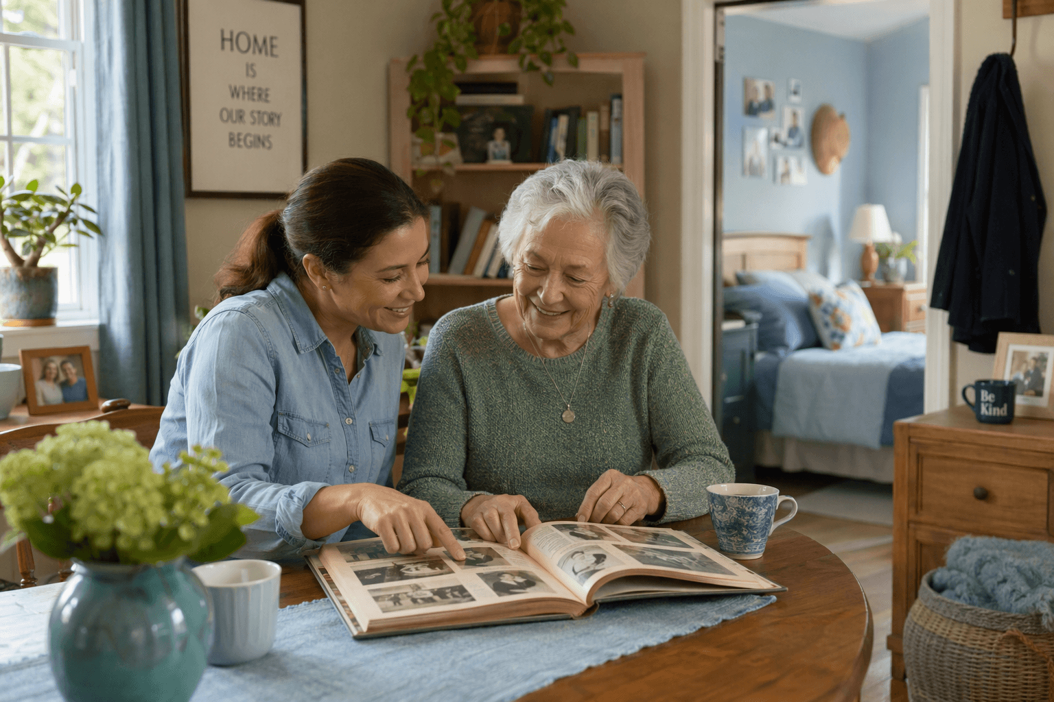 A live-in caregiver and an older adult sitting at a kitchen table looking at a photo album together, with a glimpse of a tidy bedroom in the background.