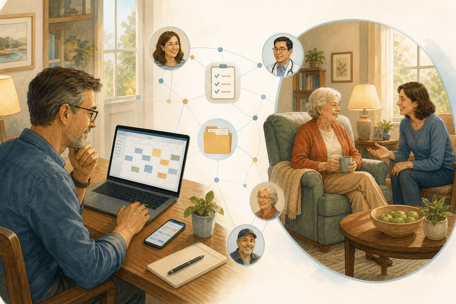 Split-scene illustration of an adult at a desk with laptop and smartphone, connected via floating icons to an older parent in a living room with a caregiver nearby.