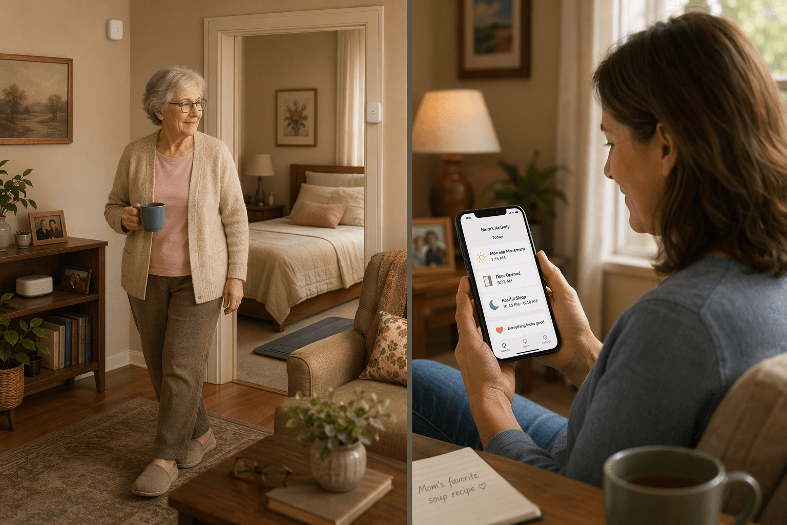 Split-scene illustration of a home: left side shows an older adult moving through a living room with subtle sensor nodes; right side shows an adult child viewing a smartphone with activity alerts.
