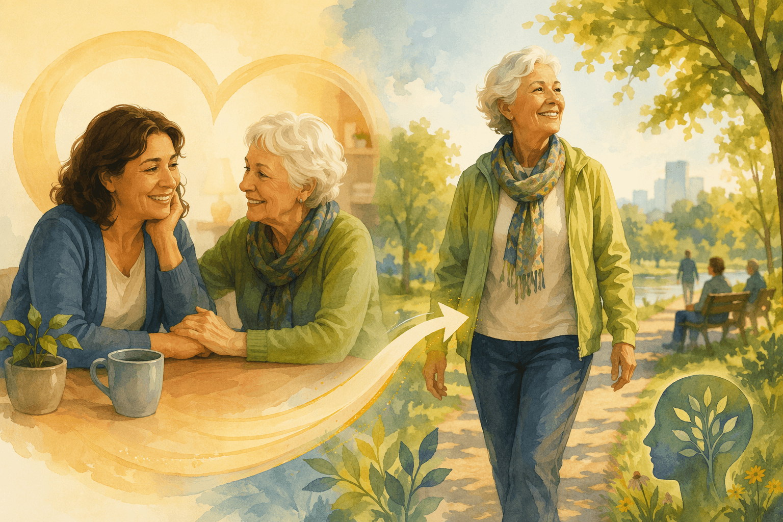 An editorial illustration split into two connected scenes. On the left, a middle-aged caregiver sits with an older senior companion volunteer at a table, appearing relieved and supported. On the right, the same senior companion walks outdoors in a park, looking energized.