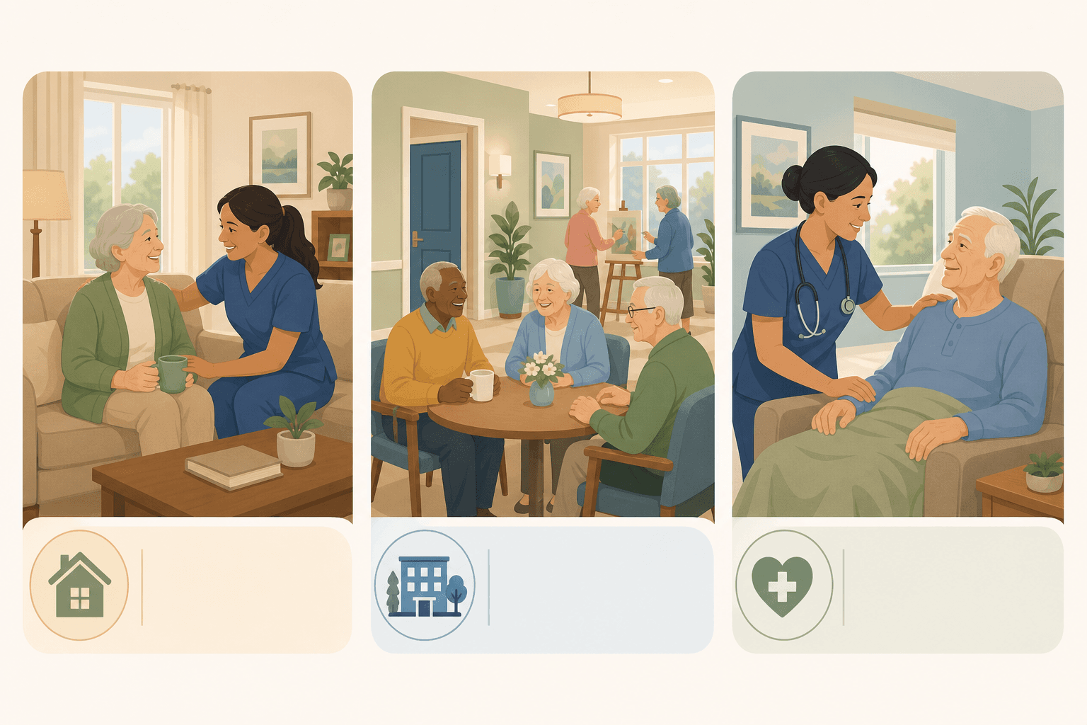 A flat vector illustration showing three senior care options side by side: a home living room scene with a caregiver on the left, an assisted living common area in the center, and a calm nursing facility setting on the right, all in warm soft blues, sage greens, and beiges.