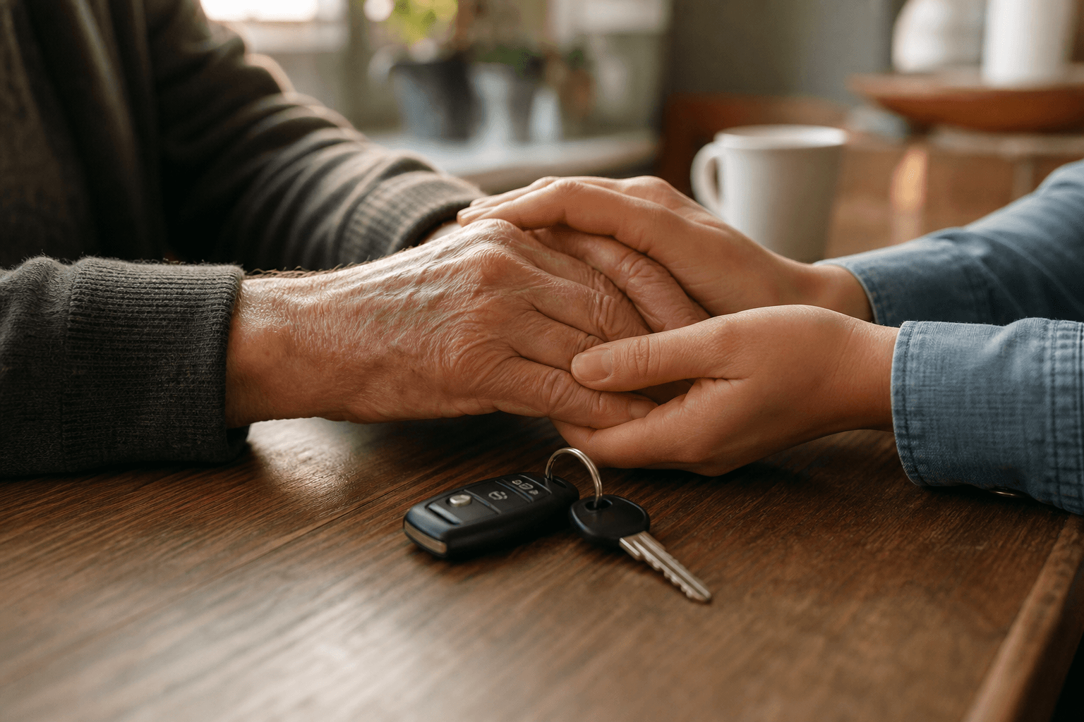 Car keys resting on a wooden table between an older adult's hand and a caregiver's hand, touching gently in a compassionate gesture.